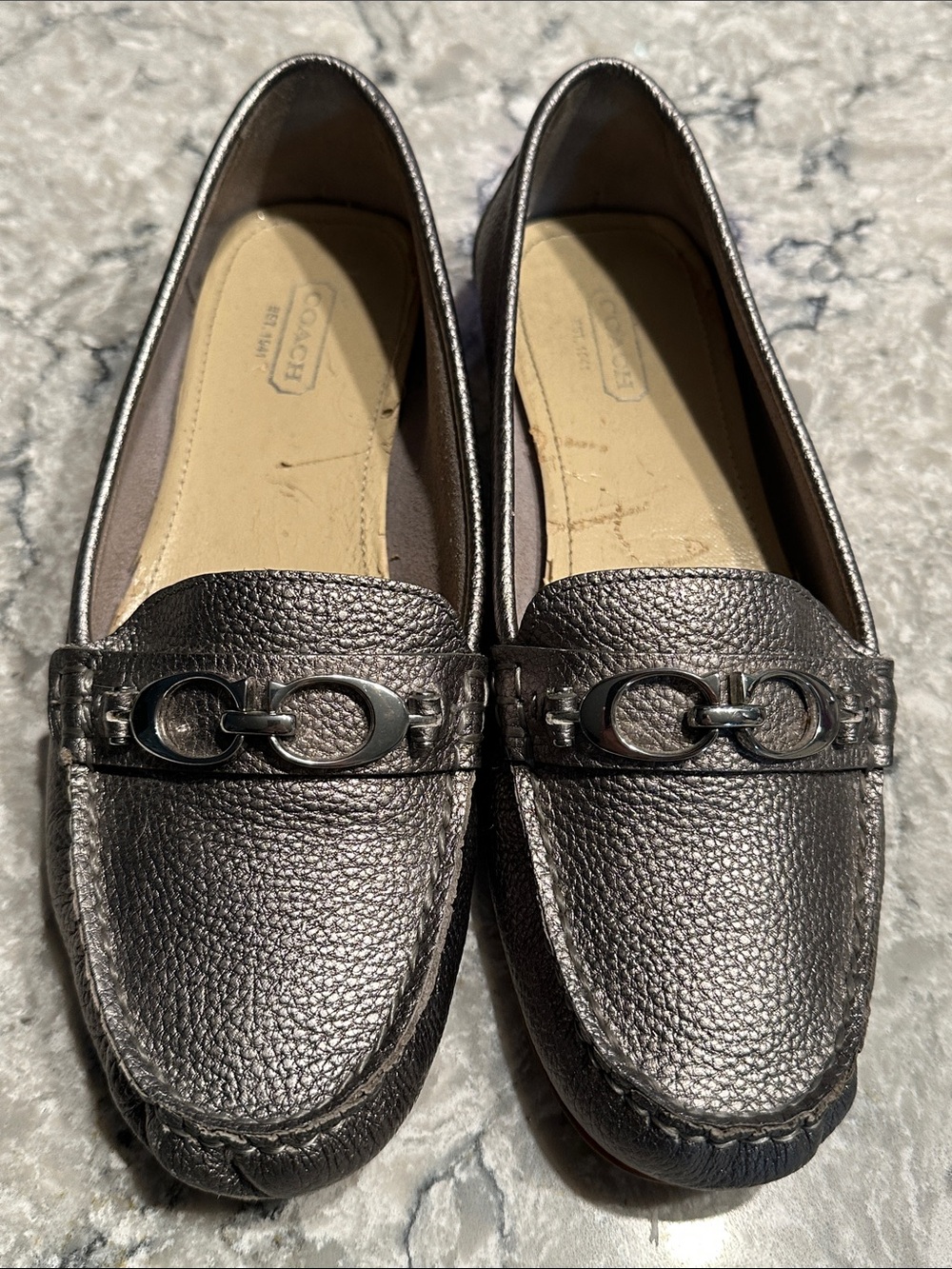 Coach Metallic Pewter Leather Bit Loafers